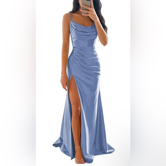 Dresses & Skirts - Elegant Dusty Blue Glam slit  satin gown sz 6